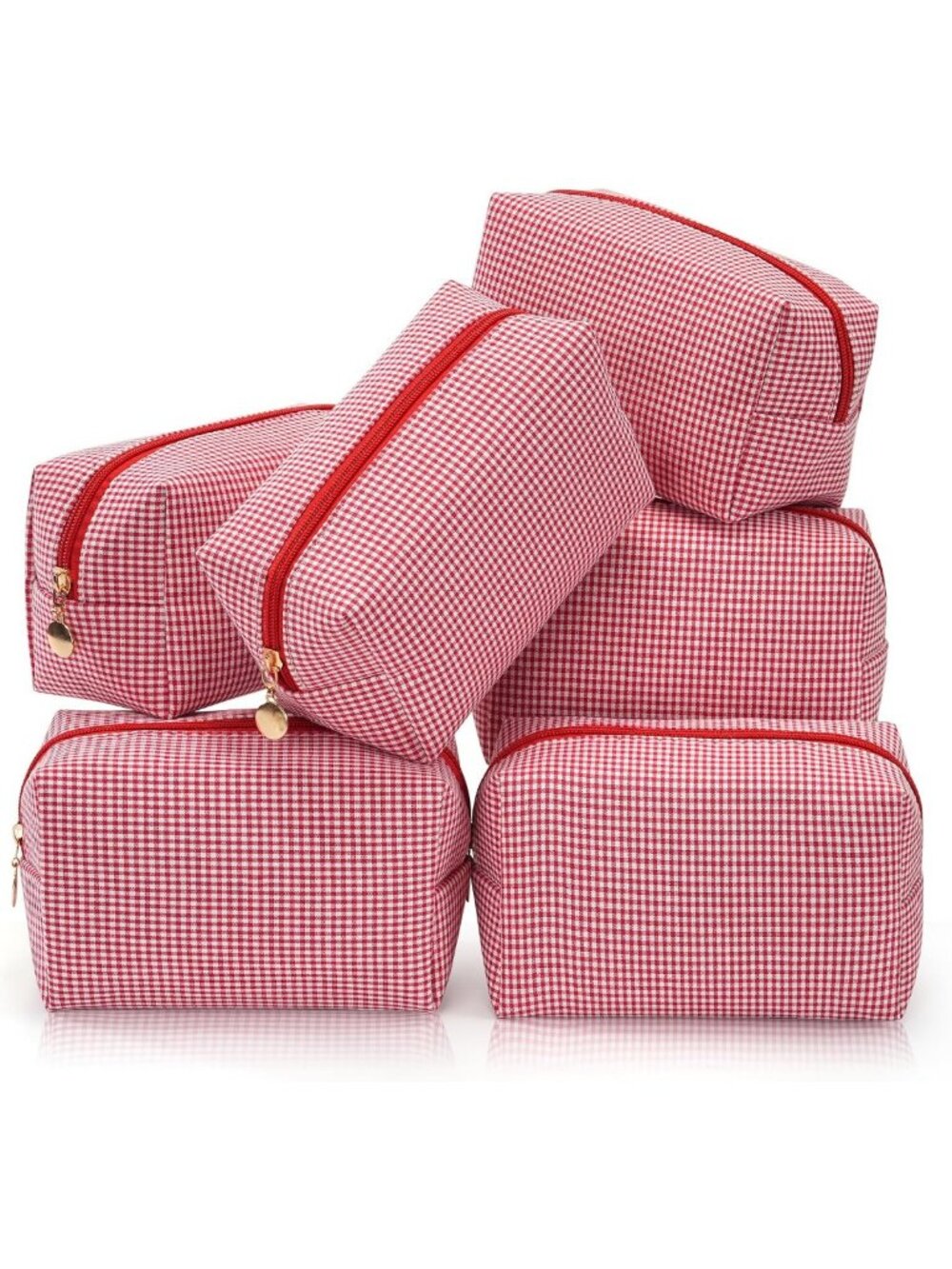 6PCS Travel Makeup Bag Set, Cute Checkered Toiletry Organizer Pouches, Red